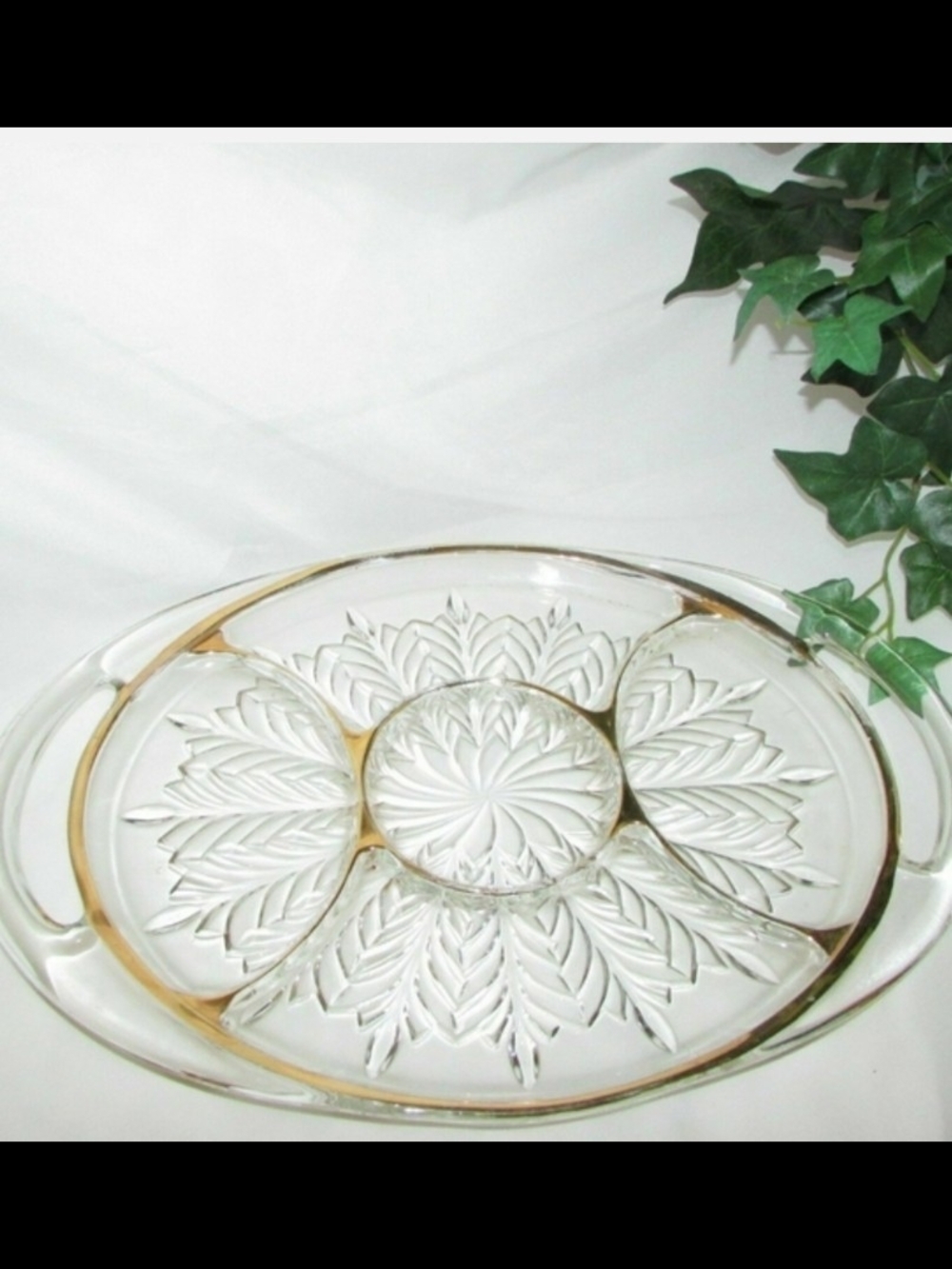 Jeannette Depression Glass Feather Gold 5 Part Relish Dish Serving Platter Tray